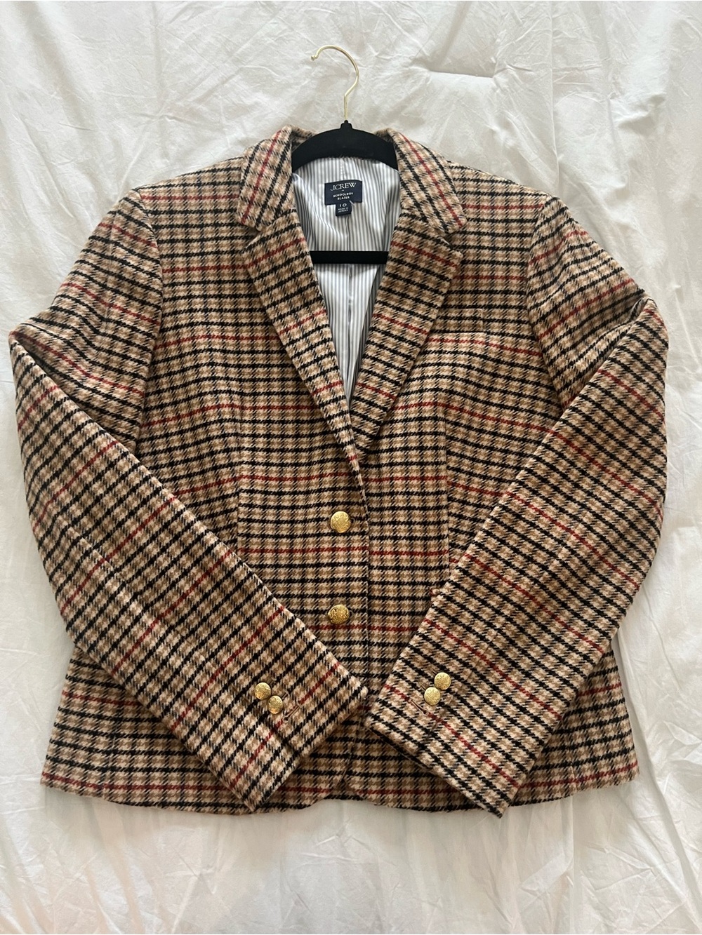 J. Crew Plaid Wool-Blend Blazer in Tan, Black and Red Size 10